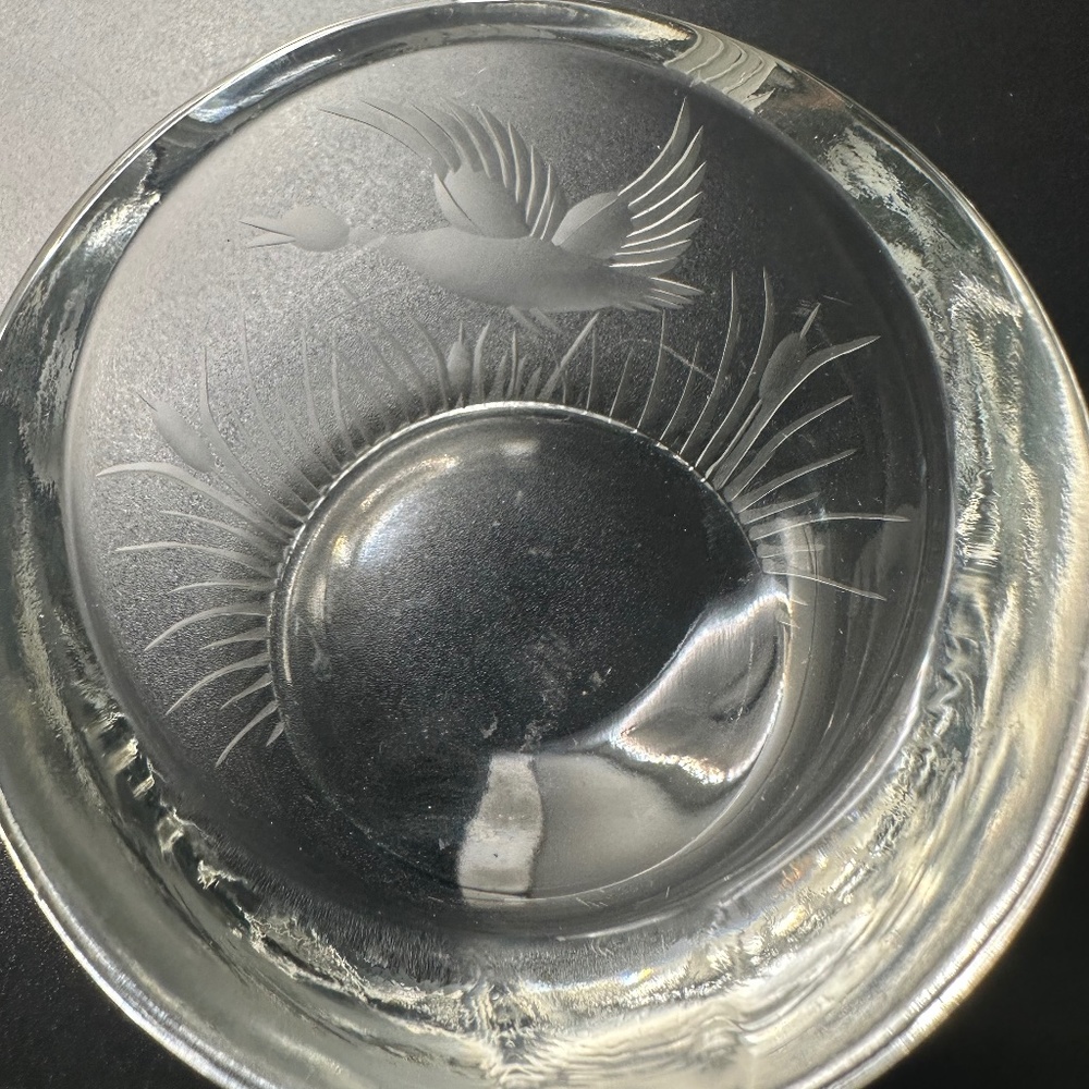 Cute MCM Glass Single Ash Tray with Etched Ducks